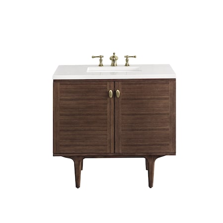 James Martin Vanities Amberly 36in Single Vanity, Mid-Century Walnut w/ 3 CM White Zeus Top 670-V36-WLT-3WZ